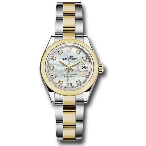 Rolex Steel and Yellow Gold Rolesor Lady-Datejust 28 Watch - Domed Bezel - White Mother-Of-Pearl Diamond Dial - Oyster Bracelet - 279163 mdo