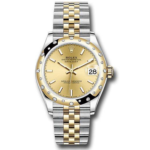 Rolex Steel and Yellow Gold Datejust 31 Watch - Domed Diamond Bezel - Champagne Index Dial - Jubilee Bracelet - 278343 chij