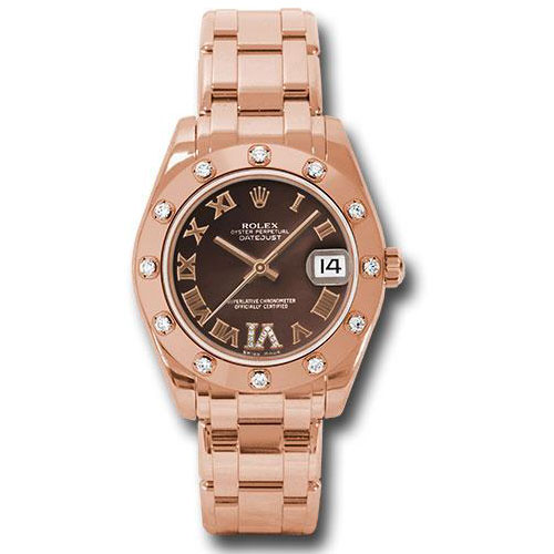 Rolex Everose Gold Datejust Pearlmaster 34 Watch - 12 Diamond Bezel - Chocolate Roman Dial - 81315 chodr
