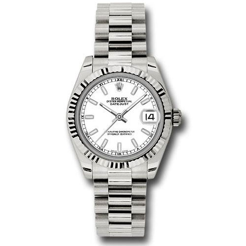 Rolex White Gold Datejust 31 Watch - Fluted Bezel - White Index Dial - President Bracelet - 178279 wip