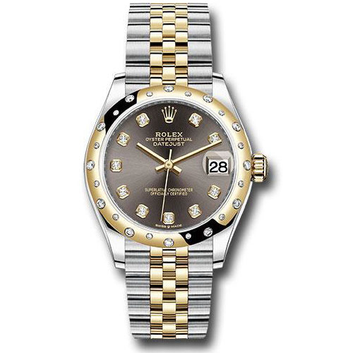 Rolex Steel and Yellow Gold Datejust 31 Watch - Domed Diamond Bezel - Dark Grey Diamond Dial - Jubilee Bracelet - 278343 dkgdj