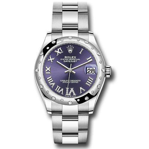 Rolex Steel and White Gold Datejust 31 Watch - Domed 24 Diamond Bezel - Aubergine Roman Diamond 6 Dial - Oyster Bracelet - 2020 Release - 278344RBR aubdr6o