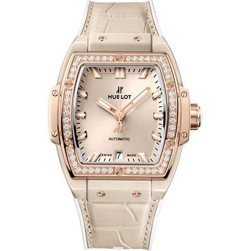 Hublot Spirit of Big Bang Beige Ceramic King Gold Diamonds Watch - 39 mm - Beige Dial - White Rubber and Beige Alligator Strap-665.CZ.898B.LR.1204