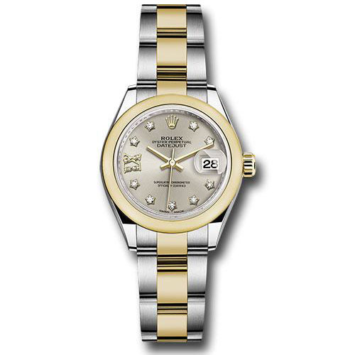 Rolex Steel and Yellow Gold Rolesor Lady-Datejust 28 Watch - Domed Bezel - Silver Diamond Star Dial - Oyster Bracelet - 279163 s9dix8do