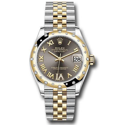 Rolex Steel and Yellow Gold Datejust 31 Watch - Domed Diamond Bezel - Dark Grey Diamond Roman Six Dial - Jubilee Bracelet - 278343 dkgdr6j