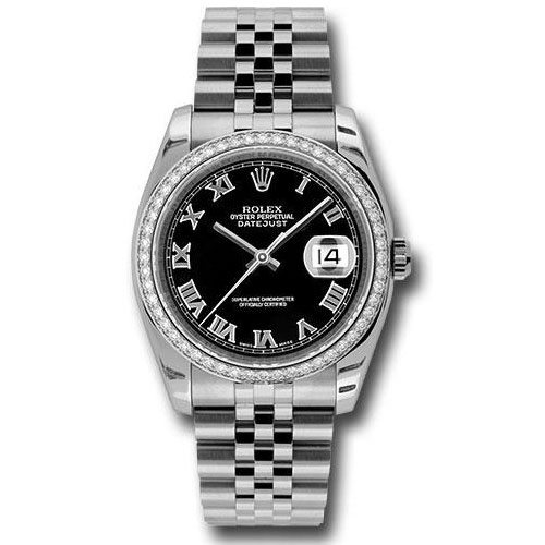 Rolex Steel and White Gold Datejust 36 Watch - 52 Diamond Bezel - Black Roman Dial - Jubilee Bracelet - 116244 bkrj