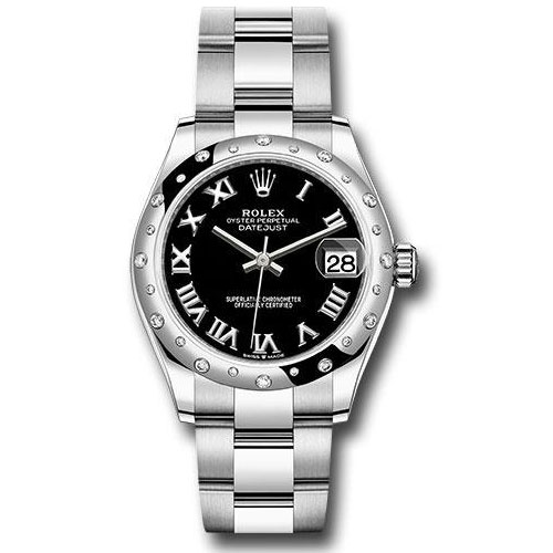 Rolex Steel and White Gold Datejust 31 Watch - Domed 24 Diamond Bezel - Black Roman Dial - Oyster Bracelet - 2020 Release - 278344RBR bkro