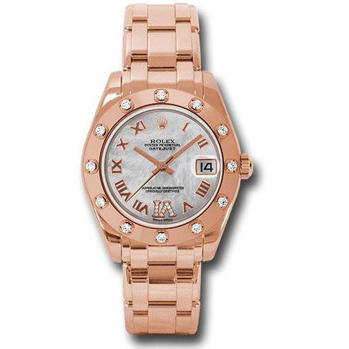 Rolex Everose Gold Datejust Pearlmaster 34 Watch - 12 Diamond Bezel - White Mother-Of-Pearl Roman Dial - 81315 mdr
