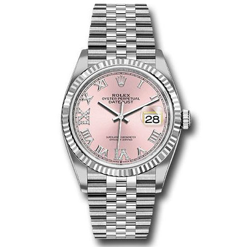 Rolex Steel Datejust 36 Watch - Fluted Bezel - Pink Diamond Roman VI and IX Dial - Jubilee Bracelet - 2019 Release - 126234 pdr69j