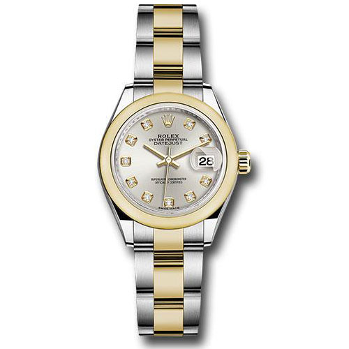 Rolex Steel and Yellow Gold Rolesor Lady-Datejust 28 Watch - Domed Bezel - Silver Diamond Dial - Oyster Bracelet - 279163 sdo