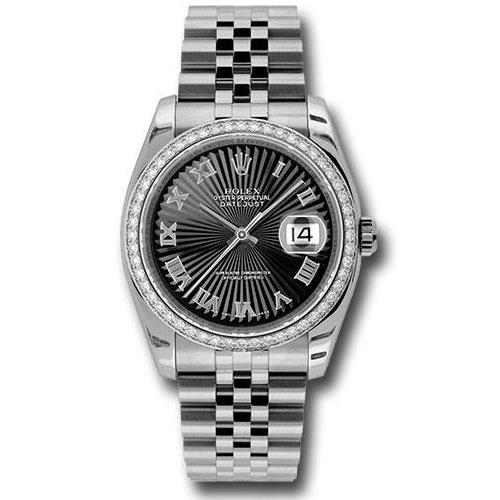 Rolex Steel and White Gold Datejust 36 Watch - 52 Diamond Bezel - Black Sunbeam Roman Dial - Jubilee Bracelet - 116244 bksbrj