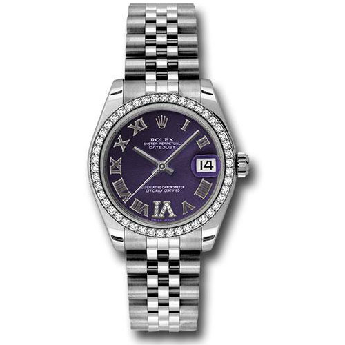 Rolex Steel and White Gold Datejust 31 Watch - 46 Diamond Bezel - Purple Diamond Roman Vi Roman Dial - Jubilee Bracelet - 178384 pdrj