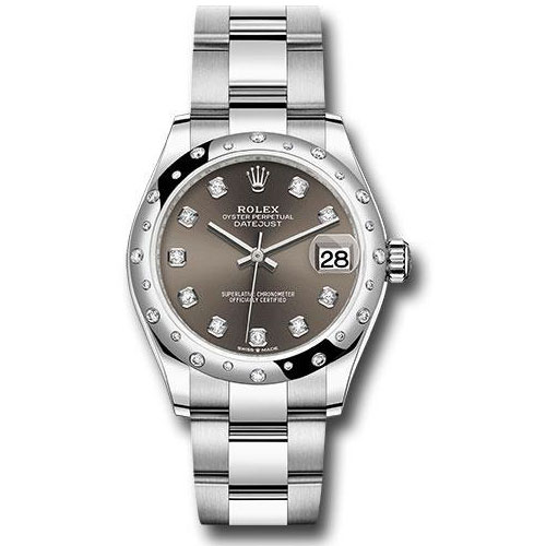 Rolex Steel and White Gold Datejust 31 Watch - Domed 24 Diamond Bezel - Dark Grey Diamond Dial - Oyster Bracelet - 2020 Release - 278344RBR dkgdo
