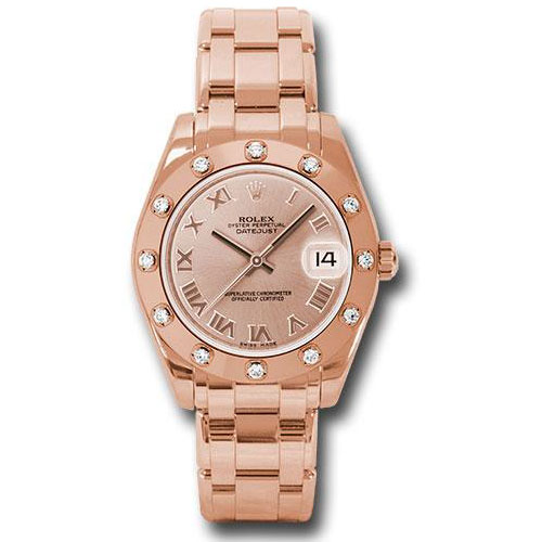 Rolex Everose Gold Datejust Pearlmaster 34 Watch - 12 Diamond Bezel - Pink Roman Dial - 81315 pr