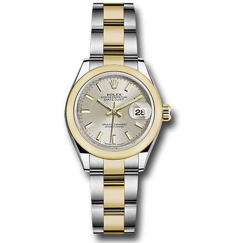 Rolex Steel and Yellow Gold Rolesor Lady-Datejust 28 Watch - Domed Bezel - Silver Index Dial - Oyster Bracelet - 279163 sio