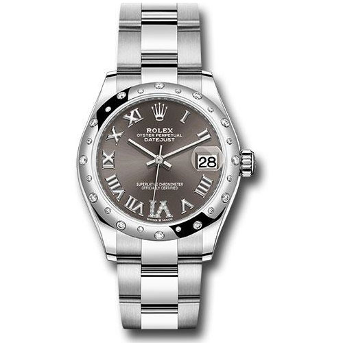 Rolex Steel and White Gold Datejust 31 Watch - Domed 24 Diamond Bezel - Dark Grey Roman Diamond 6 Dial - Oyster Bracelet - 2020 Release - 278344RBR dkgdr6o