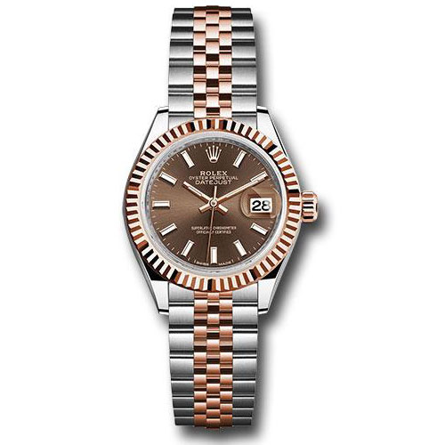 Rolex Steel and Everose Gold Rolesor Lady-Datejust 28 Watch - Fluted Bezel - Chocolate Index Dial - Jubilee Bracelet - 279171 choij