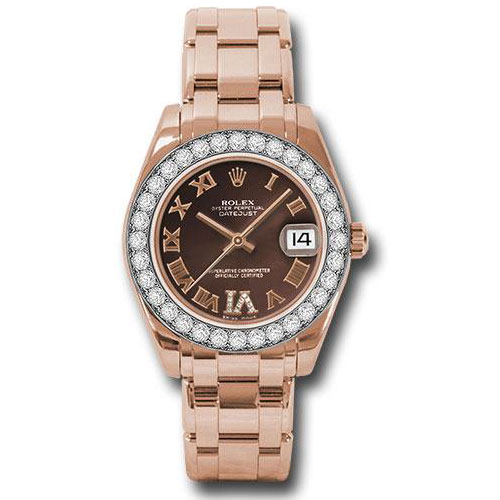 Rolex Everose Gold Datejust Pearlmaster 34 Watch - 32 Diamond Bezel - Chocolate Roman Dial - 81285 chodrp