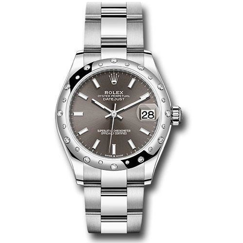 Rolex Steel and White Gold Datejust 31 Watch - Domed 24 Diamond Bezel - Dark Grey Index Dial - Oyster Bracelet - 2020 Release - 278344RBR dkgio