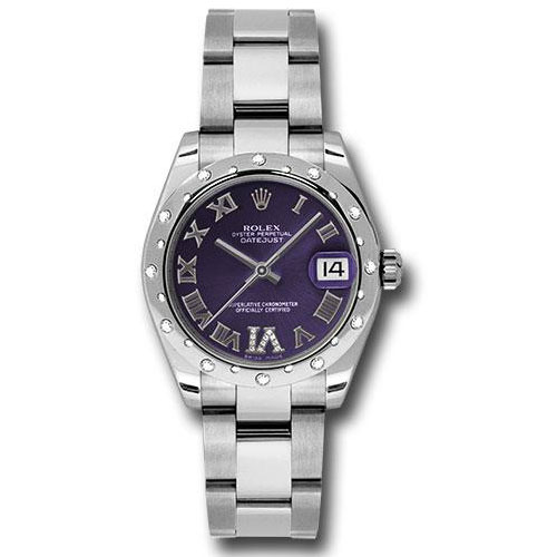 Rolex Steel and White Gold Datejust 31 Watch - 24 Diamond Bezel - Purple Diamond Roman Vi Roman Dial - Oyster Bracelet - 178344 pudro