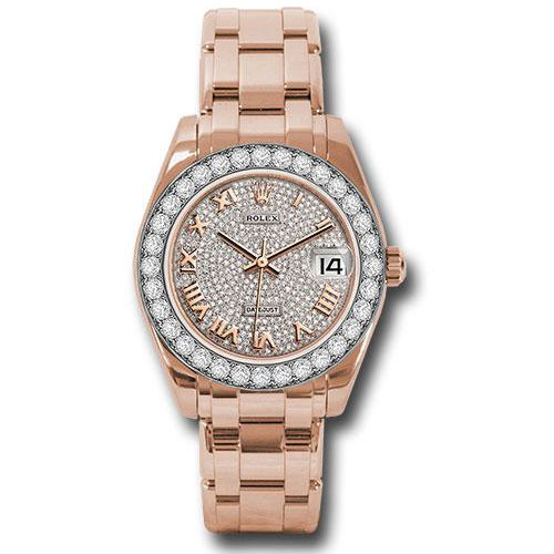 Rolex Everose Gold Datejust Pearlmaster 34 Watch - 32 Diamond Bezel - Diamond Paved Roman Dial - 81285 dprp