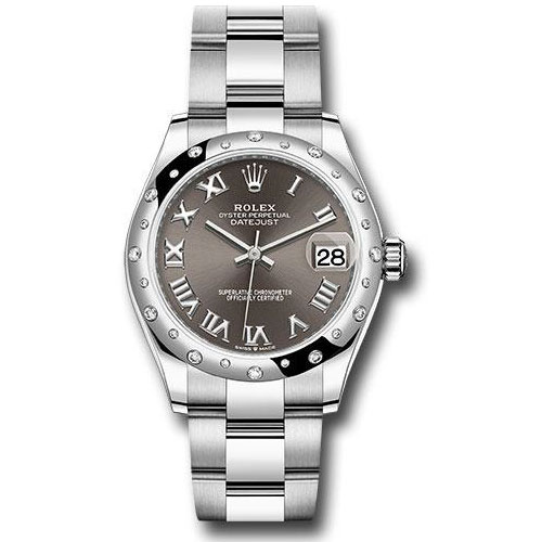Rolex Steel and White Gold Datejust 31 Watch - Domed 24 Diamond Bezel - Dark Grey Roman Dial - Oyster Bracelet - 2020 Release - 278344RBR dkgro