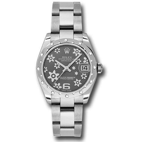 Rolex Steel and White Gold Datejust 31 Watch - 24 Diamond Bezel - Dark Rhodium Floral Motif Dial - Oyster Bracelet - 178344 rfo