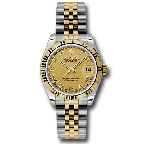 Rolex Steel and Yellow Gold Datejust 31 Watch - Fluted Bezel - Champagne Roman Dial - Jubilee Bracelet - 178273 chrj