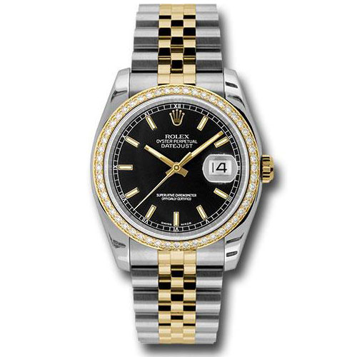 Rolex Steel and Yellow Gold Rolesor Datejust 36 Watch - 52 Brilliant-Cut Diamond Bezel - Black Index Dial - Jubilee Bracelet - 116243 bkij