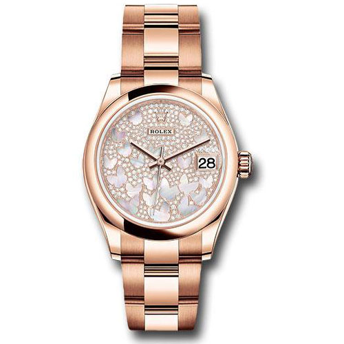Rolex Everose Gold Datejust 31 Watch - Domed Bezel - Diamond Paved Butterfly Dial - Oyster Bracelet - 278245 pmopbo