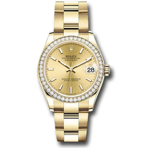 Rolex Yellow Gold Datejust 31 Watch - Diamond Bezel - Champagne Index Dial - Oyster Bracelet - 278288RBR chio