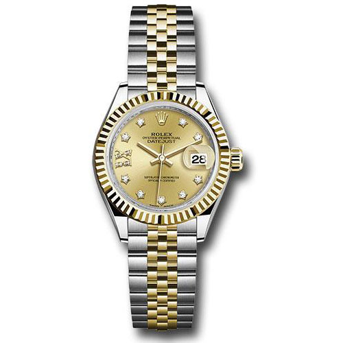 Rolex Steel and Yellow Gold Rolesor Lady-Datejust 28 Watch - Fluted Bezel - Champagne Diamond Star Dial - Jubilee Bracelet - 279173 ch9dix8dj