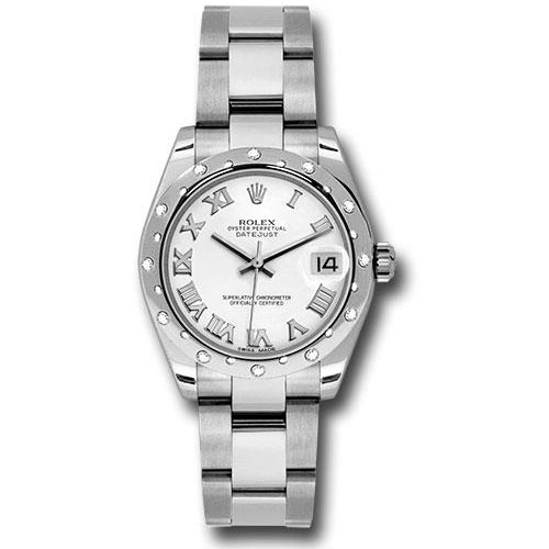 Rolex Steel and White Gold Datejust 31 Watch - 24 Diamond Bezel - White Roman Dial - Oyster Bracelet - 178344 wro