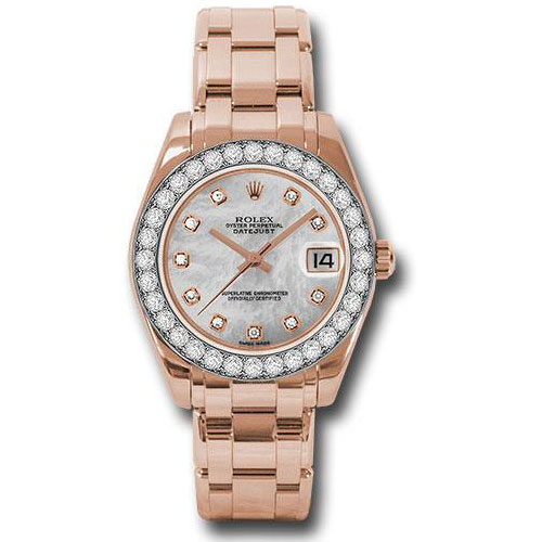 Rolex Everose Gold Datejust Pearlmaster 34 Watch - 32 Diamond Bezel - Mother-Of-Pearl Diamond Dial - 81285 mdp