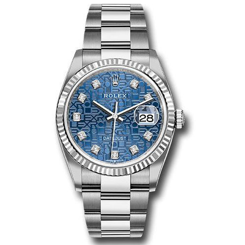 Rolex Steel Datejust 36 Watch - Fluted Bezel - Blue Jubilee Diamond Dial - Oyster Bracelet - 2019 Release - 126234 bljdo
