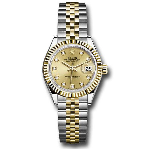 Rolex Steel and Yellow Gold Rolesor Lady-Datejust 28 Watch - Fluted Bezel - Champagne Diamond Dial - Jubilee Bracelet - 279173 chdj