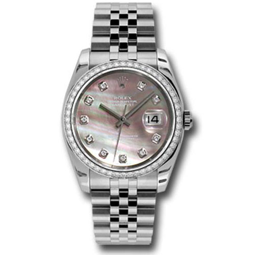 Rolex Steel and White Gold Datejust 36 Watch - 52 Diamond Bezel - Dark Mother-Of-Pearl Diamond Dial - Jubilee Bracelet - 116244 dkmdj