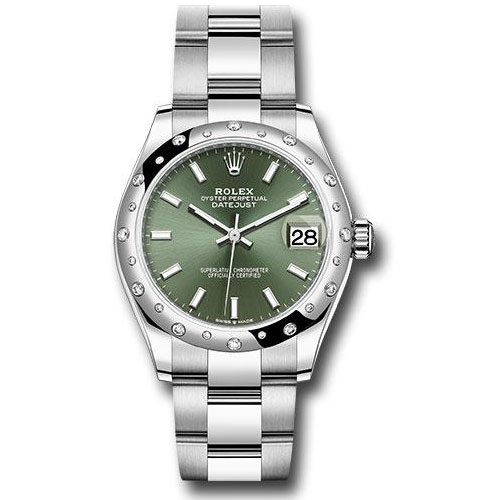 Rolex Steel and White Gold Datejust 31 Watch - Domed 24 Diamond Bezel - Mint Green Index Dial - Oyster Bracelet - 2020 Release - 278344RBR mgio