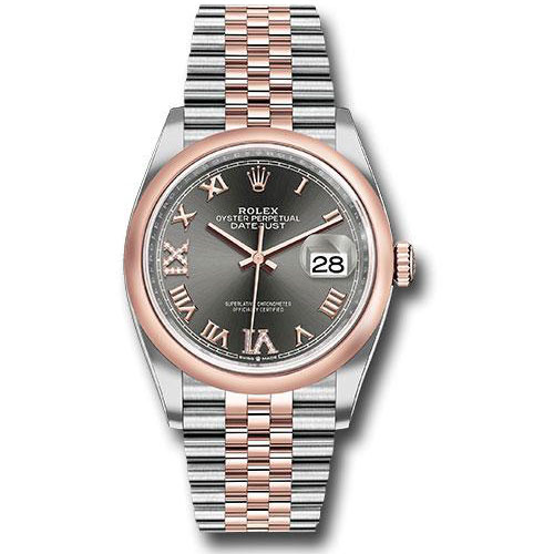 Rolex Steel and Everose Rolesor Datejust 36 Watch - Domed Bezel - Dark Rhodium Roman Dial - Jubilee Bracelet - 126201 dkrdr69j