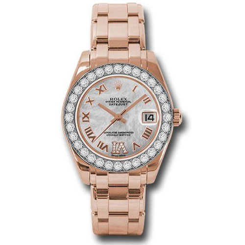Rolex Everose Gold Datejust Pearlmaster 34 Watch - 32 Diamond Bezel - White Mother-Of-Pearl Roman Dial - 81285 mdrp