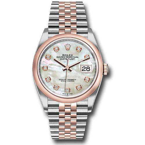 Rolex Steel and Everose Rolesor Datejust 36 Watch - Domed Bezel - White Mother-Of-Pearl Diamond Dial - Jubilee Bracelet - 126201 mdj