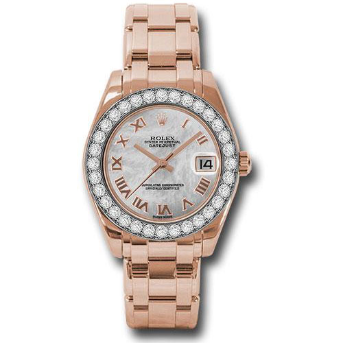 Rolex Everose Gold Datejust Pearlmaster 34 Watch - 32 Diamond Bezel - Mother-Of-Pearl Roman Dial - 81285 mrp