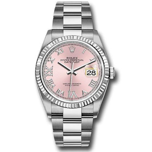 Rolex Steel Datejust 36 Watch - Fluted Bezel - Pink Diamond Roman VI and IX Dial - Oyster Bracelet - 2019 Release - 126234 pdr69o