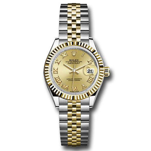 Rolex Steel and Yellow Gold Rolesor Lady-Datejust 28 Watch - Fluted Bezel - Champagne Roman Dial - Jubilee Bracelet - 279173 chrj