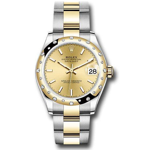 Rolex Steel and Yellow Gold Datejust 31 Watch - Domed Diamond Bezel - Champagne Index Dial - Oyster Bracelet - 278343 chio