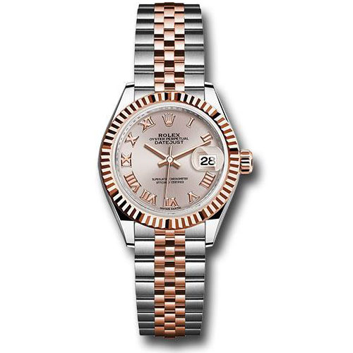 Rolex Steel and Everose Gold Rolesor Lady-Datejust 28 Watch - Fluted Bezel - Sundust Roman Dial - Jubilee Bracelet - 279171 surj
