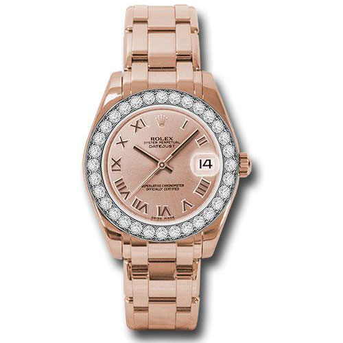 Rolex Everose Gold Datejust Pearlmaster 34 Watch - 32 Diamond Bezel - Pink Roman Dial - 81285 prp