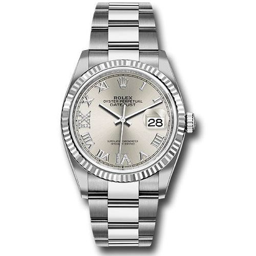 Rolex Steel Datejust 36 Watch - Fluted Bezel - Silver Diamond Roman VI and IX Dial - Oyster Bracelet - 2019 Release - 126234 sdr69o