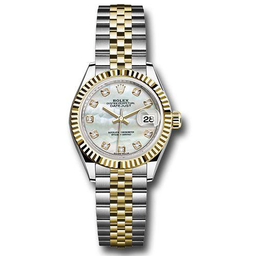Rolex Steel and Yellow Gold Rolesor Lady-Datejust 28 Watch - Fluted Bezel - White Mother-Of-Pearl Diamond Dial - Jubilee Bracelet - 279173 mdj