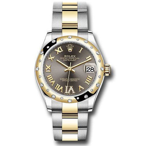 Rolex Steel and Yellow Gold Datejust 31 Watch - Domed Diamond Bezel - Dark Grey Diamond Roman Six Dial - Oyster Bracelet - 278343 dkgdr6o
